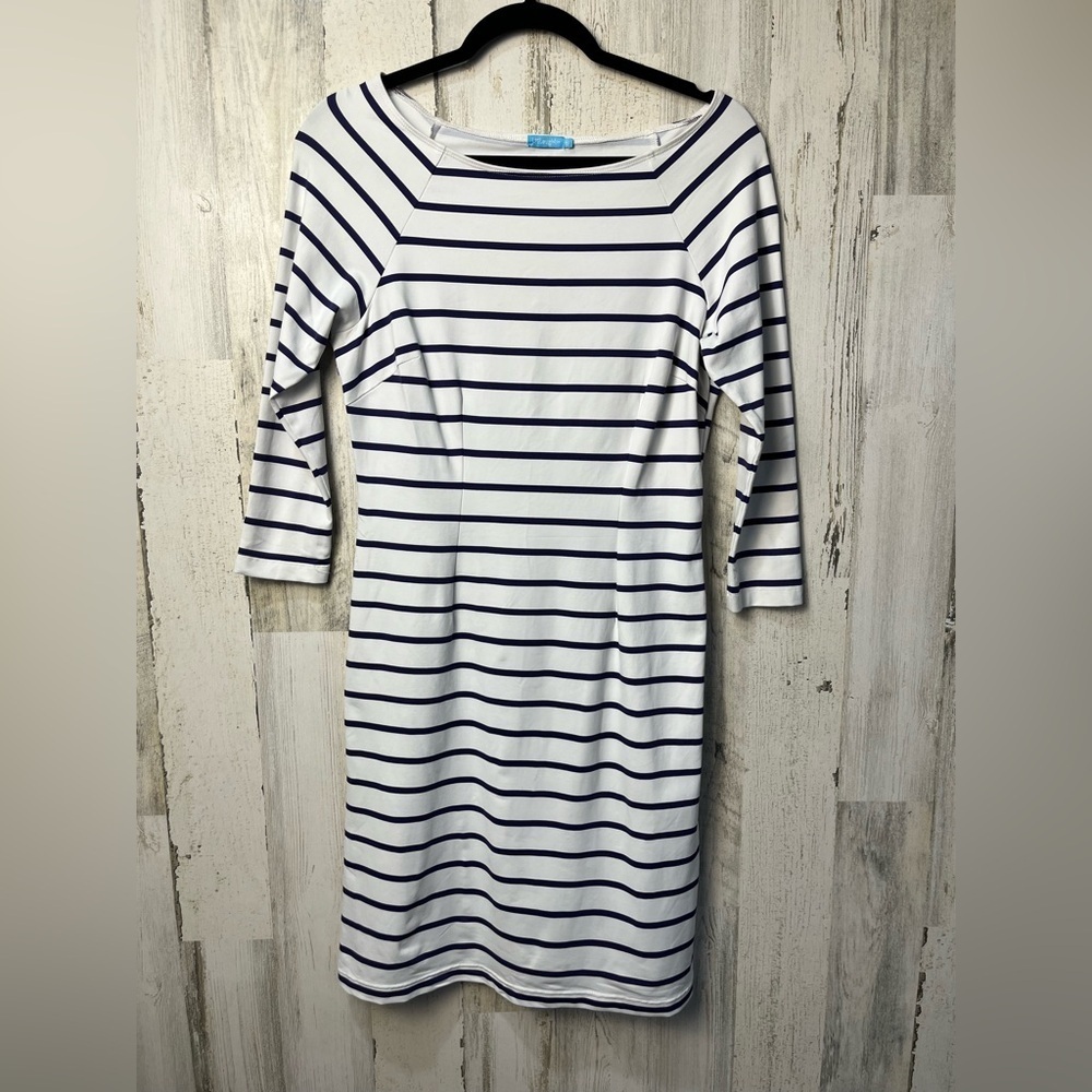 J. McLaughlin Mari Print Boat Neck Striped White and Navy Mini Dress XS